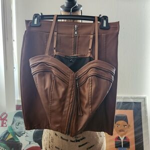 Brown Leather Bustier and Skirt Set